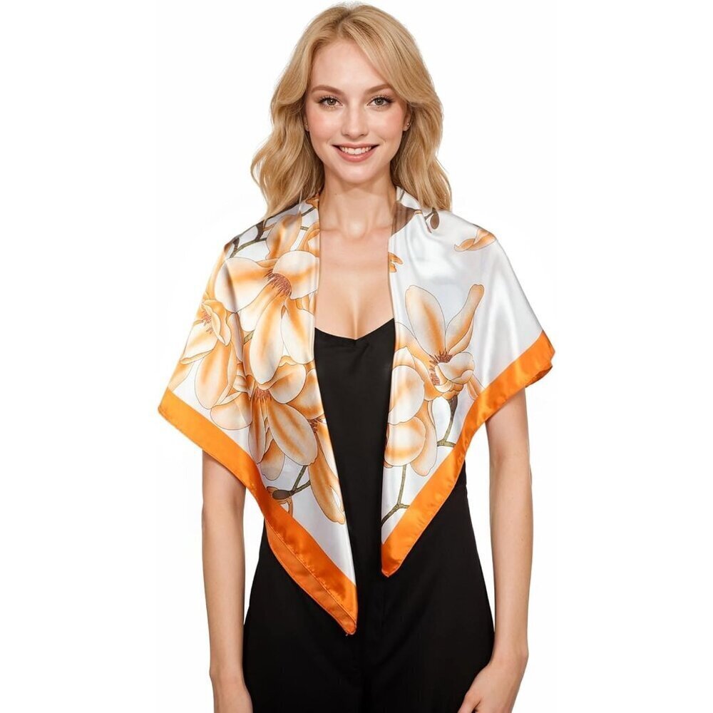 Women's Orange/Brown Head Scarf Like Silk Printed Square Hair Bandanas 35 Inches - Picture 4 of 7
